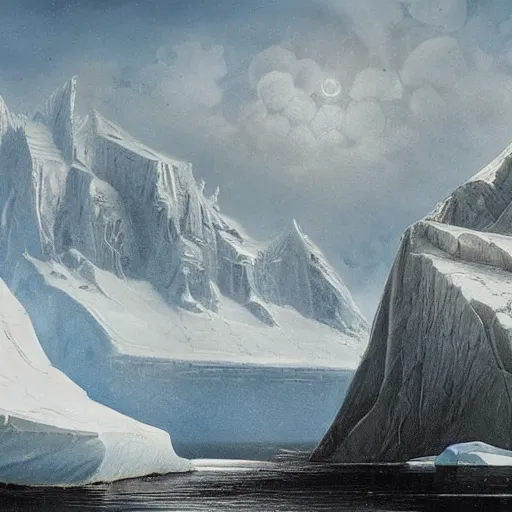 Prompt: A matte painting of ancient Antarctica by Abdel Malekinovsky and Boris Pugachev