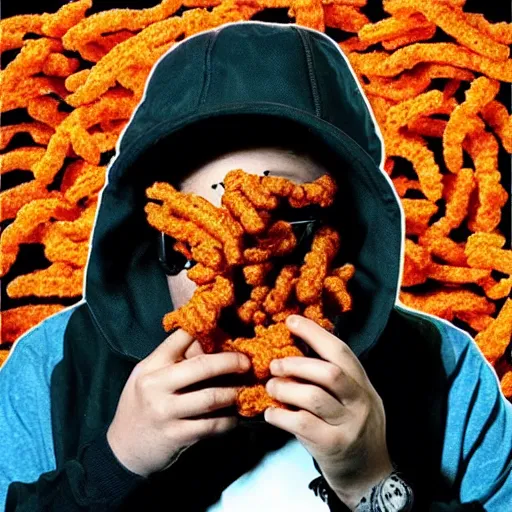 Image similar to “MF DOOM eating Cheetos, Fritos, and Doritos”