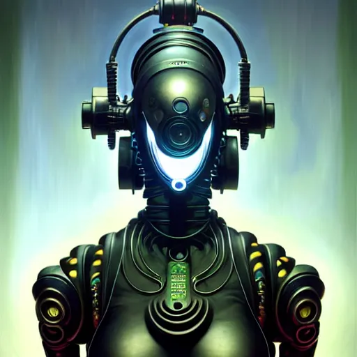 Image similar to front shot of a cyberpunk gazmask robot character, intricate, elegant, highly detailed, centered, digital painting, artstation, concept art, smooth, sharp focus, illustration, artgerm, Tomasz Alen Kopera, Peter Mohrbacher, donato giancola, Joseph Christian Leyendecker, WLOP, Boris Vallejo