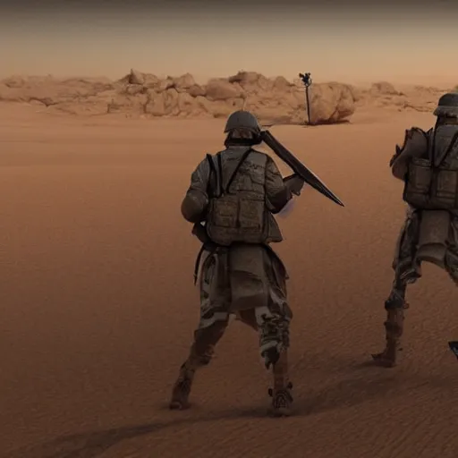 Prompt: War in a large desert with an oasis in the middle the combatants are using spiked swords and crude rifles, 4k, highly detailed, cinematic