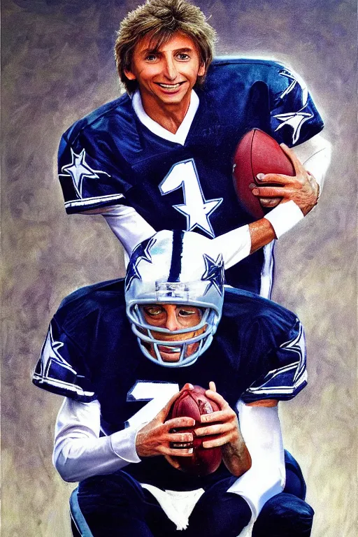 Prompt: Barry Manilow as the Quarterback of the Dallas Cowboys, oil on canvas, intricate, portrait, 8k highly professionally detailed, HDR, CGsociety