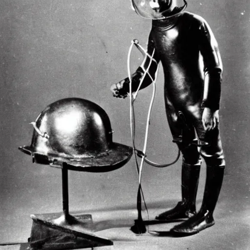 Prompt: early diving suit with copper helmet diver holding a stratocaster electric guitar. old diving suit pictures