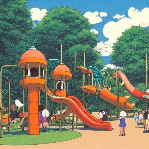 Image similar to Studio Ghibli enormous, never-ending playground of slides, swings, and many-storied playground equipment at dusk by Hayao Miyazaki and Thomas Kincade