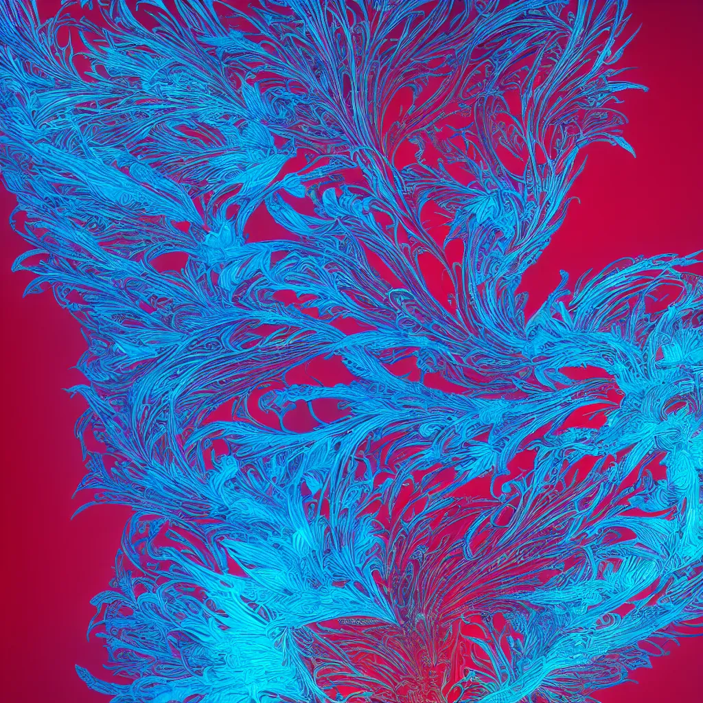 Image similar to filigree phoenix, anaglyph red blue, octane render, houdini, generative art, graphic design, stunning, colorful, trending on artstation, behance HD, 8k,4k