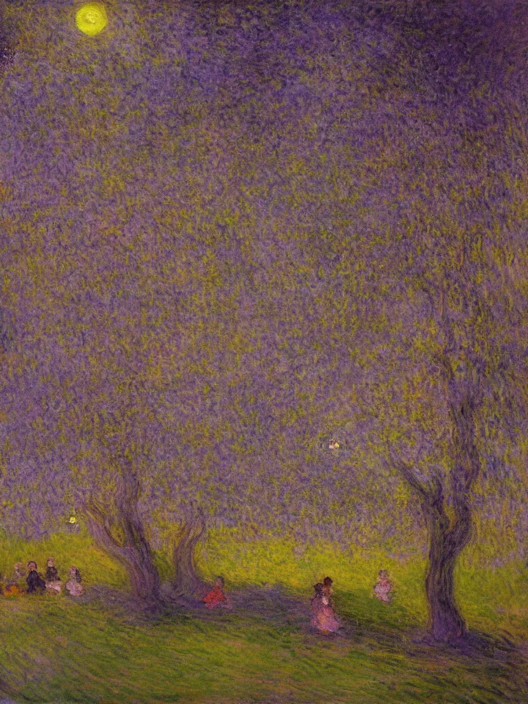 Prompt: gauzy impressionist painting of my backyard in the dark evening with an old apple tree with people! dancing in the moonlight, dark purplish cast, color oil painting by claude monet and piet mondrian, cosmic trending on artstation 8 k