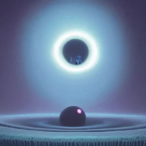 Prompt: A beautiful conceptual art of a black hole. This hole appears to be a portal to another dimension or reality, and it is emitting a bright, white light. There are also stars and other celestial objects around it. by Mike Winkelmann, by Goro Fujita