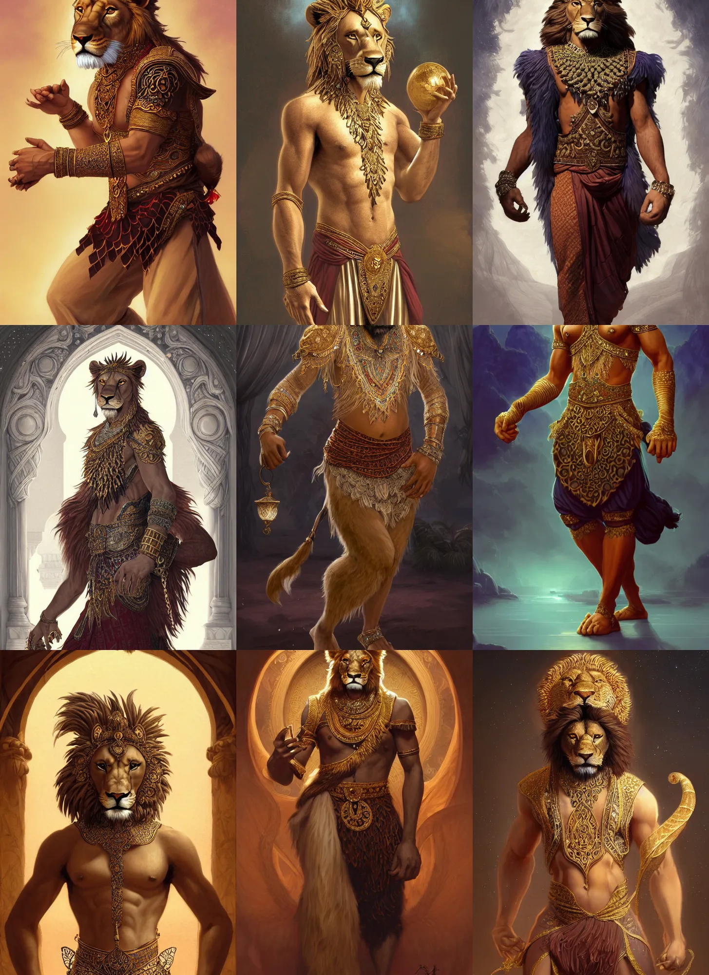 Prompt: full body photograph of a male anthropomorphic lion man fursona arabian dancer, deep focus, intricate, elegant, highly detailed, digital painting, artstation, concept art, matte, sharp focus, illustration, d & d, fantasy, hearthstone, art by artgerm and greg rutkowski and alphonse mucha