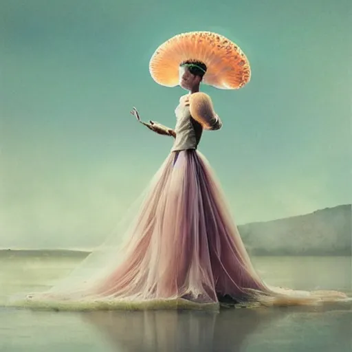 Image similar to a luminous jelly fish armor. soft. fragile. by ray caesar. by louise dahl - wolfe. by andrea kowch. surreal photography