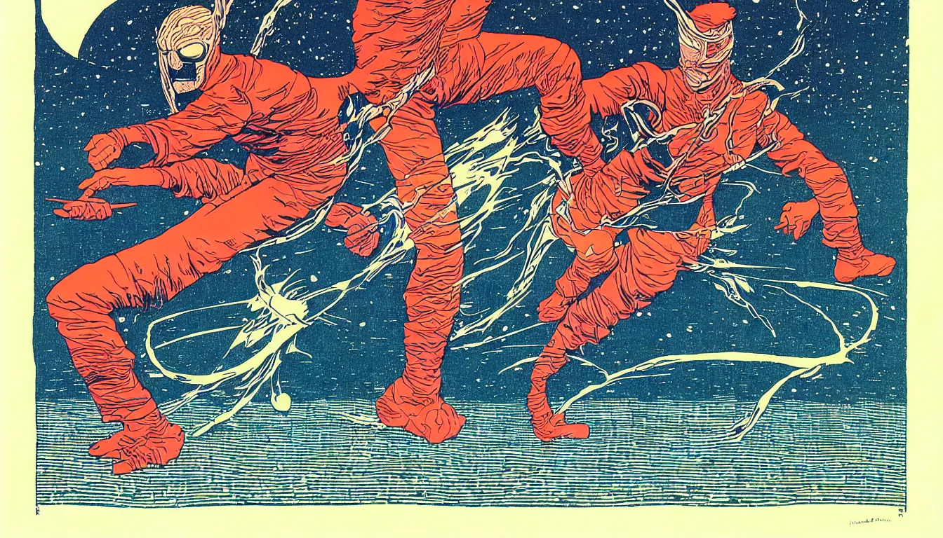 Image similar to future man by woodblock print, moebius