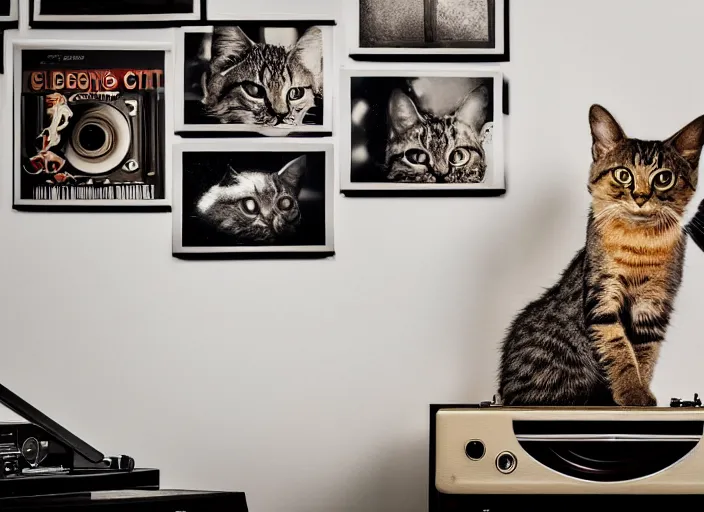 Image similar to photography of a Cat sitting on a record player. in a room full of posters, photorealistic, raining award winning photo, 100mm, sharp, high res