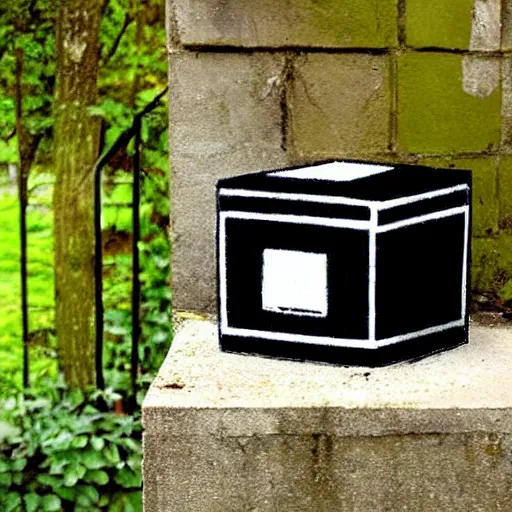 Prompt: banksy graffiti on mysterious black royal embroidered cube, 1 9 9 9 aesthetic