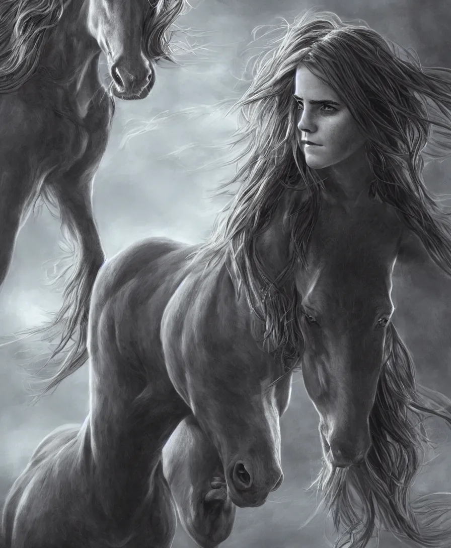 Image similar to Emma Watson transforming into a mare, Hermione as a horse, Animorphs cover, intricate, elegant, highly detailed, digital painting, artstation, concept art, smooth, sharp focus, illustration