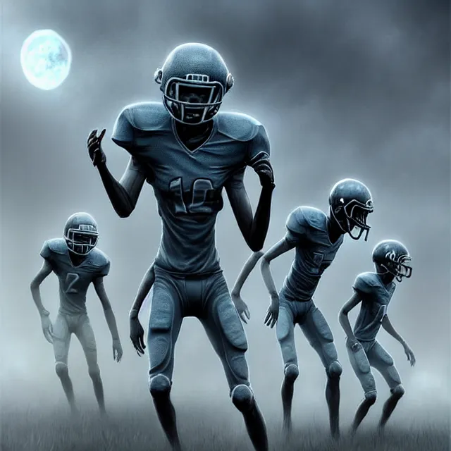 Prompt: epic professional digital art of a !terrifying grey aliens! (American football team), best on artstation, cgsociety, wlop, cinematic, breathtaking, epic, stunning, gorgeous, much detail, much wow, masterpiece