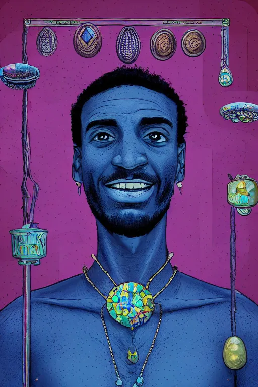 Image similar to portrait of very happy jewel djinn jeweler in the style of Rob Lefield and Dan Mumford , trending on artstation, digital art,surrealism ,macro,blueprint ,vaporwave ,