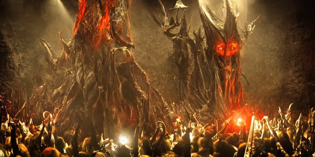 Image similar to sauron plays guitar in a rock concert to a crowd of orcs, lord of the rings, by peter jackson, detailed, realistic lighting, volumetric lighting, 4 k