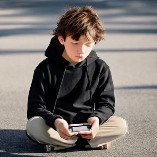 Image similar to a young boy with long greasy hair, wearing a black hoodie, looking down at his phone and slouching