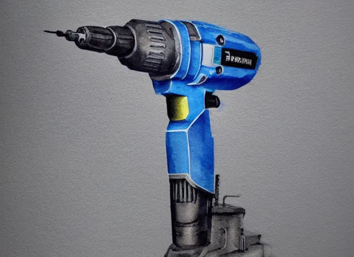 Image similar to concept art of a electril drill tool, pinterest, artstation trending, behance, watercolor, by coby whitmore, silver, laser light,