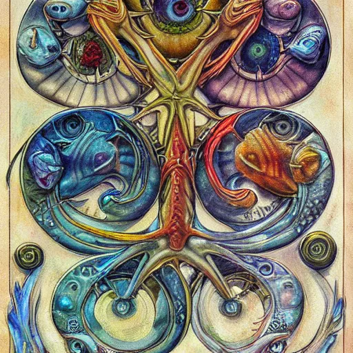 Image similar to detailed and sharp piscesthe fishes artistic zodiac artwork, mystic style, detailed, 8 k, detailed, symmetrical, by brian froud