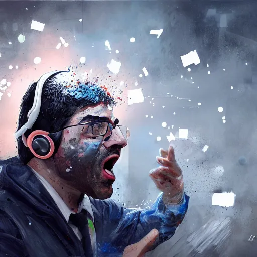 Prompt: tony khan wearing a headset, yelling furiously, piles of white powder everywhere, scolding, background filled with frightened people, intense, hyper detailed, artstation, flashing lights, hyper anger, intricate detail, concept art, 8 k