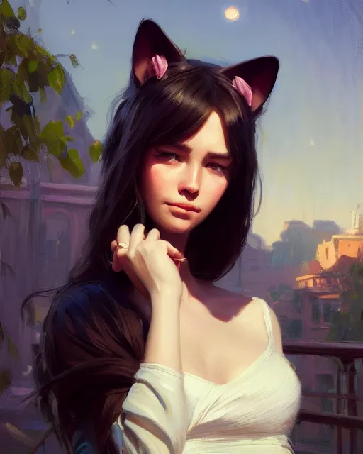 Image similar to a potrait of a girl with small cat ears, fine details. night setting. realistic shaded lighting poster by craig mullism, artgerm, jeremy lipkin and michael garmash, unreal engine, radiant light, detailed and intricate environment, digital art, trending on art station