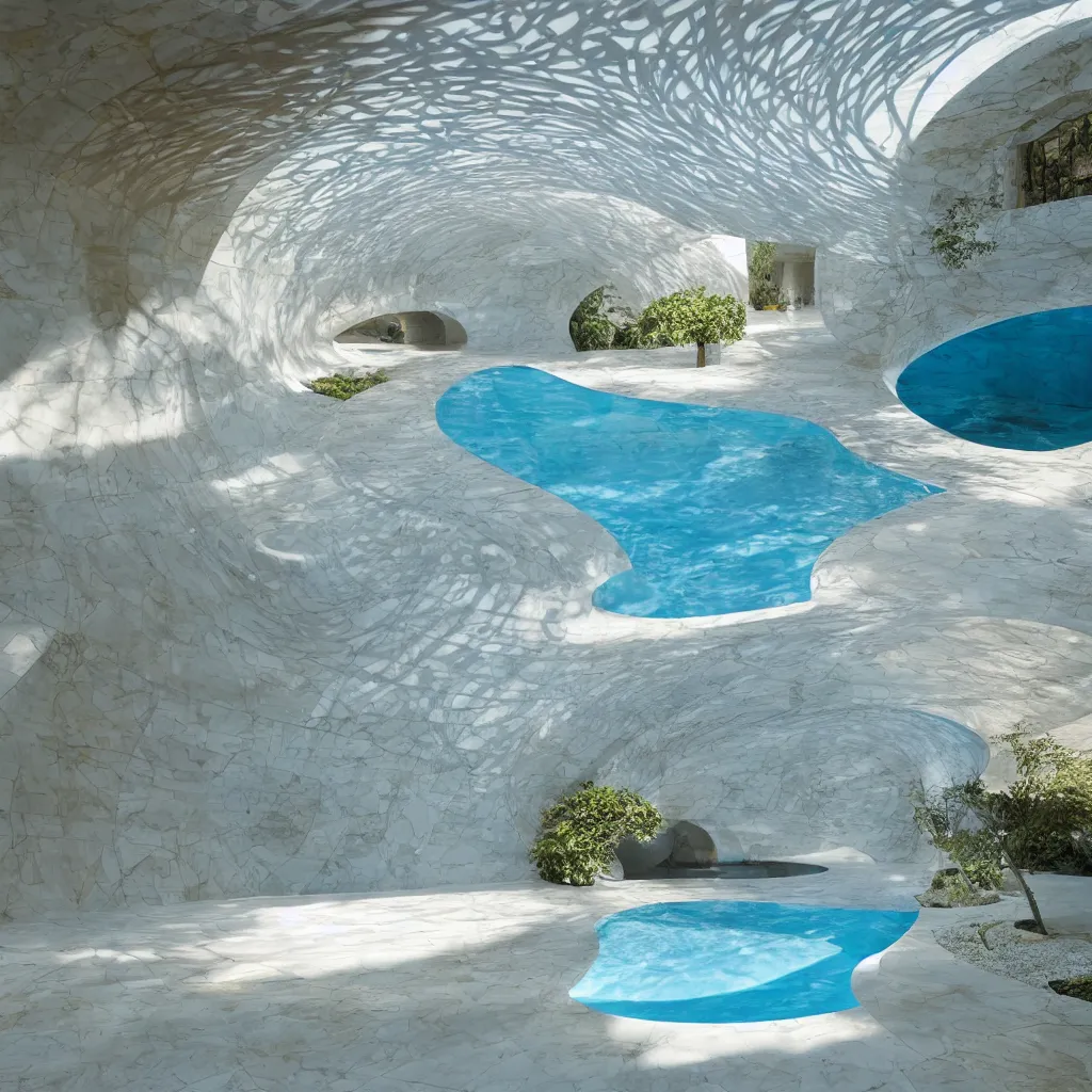 Prompt: an incredibly smooth curvilinear neo baroque pool interior architectural sculpture, a golden pool on the ground is envelope by folding white surfaces, blue light showing a garden, visually satisfying architecture render