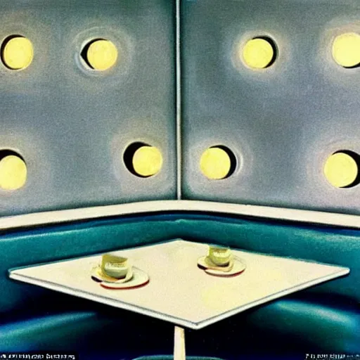 Prompt: the corner booth at a greasy diner on the moon, American midcentury painting, iconic, stunning light