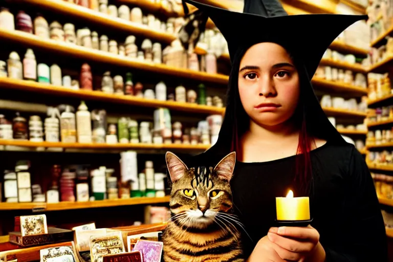 Prompt: 2 0 0 0's photo, close up portrait, dramatic lighting, concentration, calm confident hispanic teen witch and her cat, on candle and tarot cards displayed on the table in front of her, a witch hat and cape, apothecary shelves in the background, still from harry potter, alphonse mucha