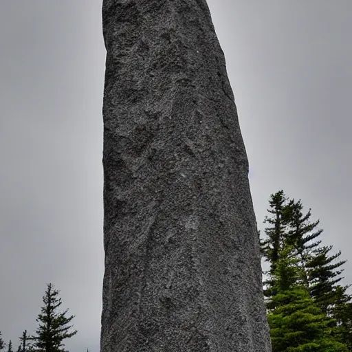 Image similar to a monolithic granite pillar in the boreal forest. overcast sky, grainy.