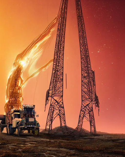 Image similar to a glowing female spirit of mother nature screams out in agony. drilling rigs bore into the earth in the background. wide shot, detailed, sharp, 8 k, award winning digital art by beeple, national geographic, dlsr.