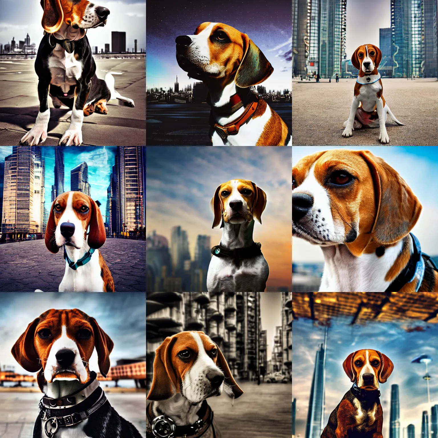 Prompt: sublime portrait of a beagle, futuristic city background, medium shot, steampunk