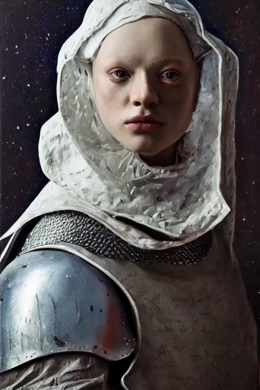 Prompt: hyperrealism oil painting, close - up portrait of albino medieval fashion model, knight, steel gradient mixed with nebula sky, in style of baroque