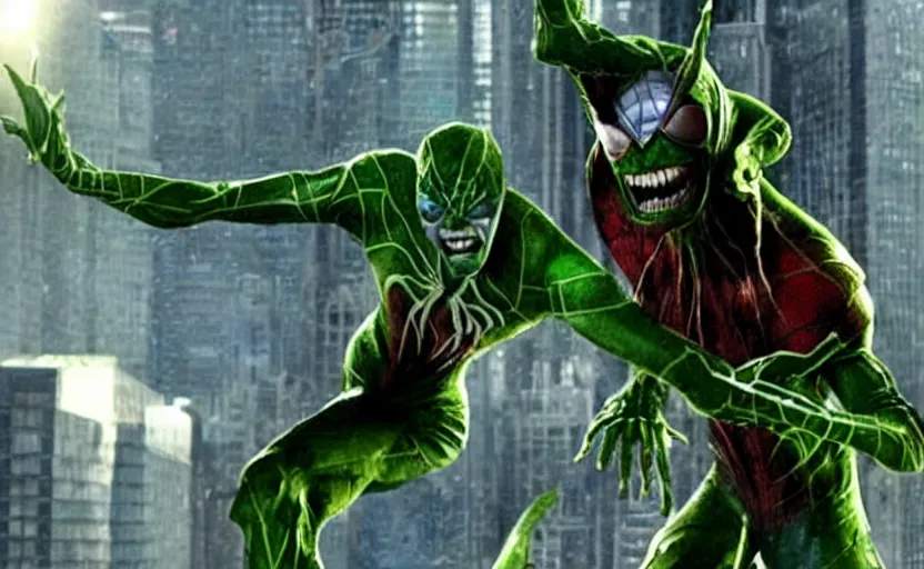 Image similar to steve buschemi as the green goblin in spiderman, movie still from spiderman 1, sam raimi style, hdr, epic composition