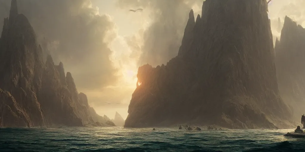 Image similar to establishing shot from a movie, epic matte painting of an island, cinematic cinematography masterpiece, greg rutkowski, and ivan aivazovski, roger deakins