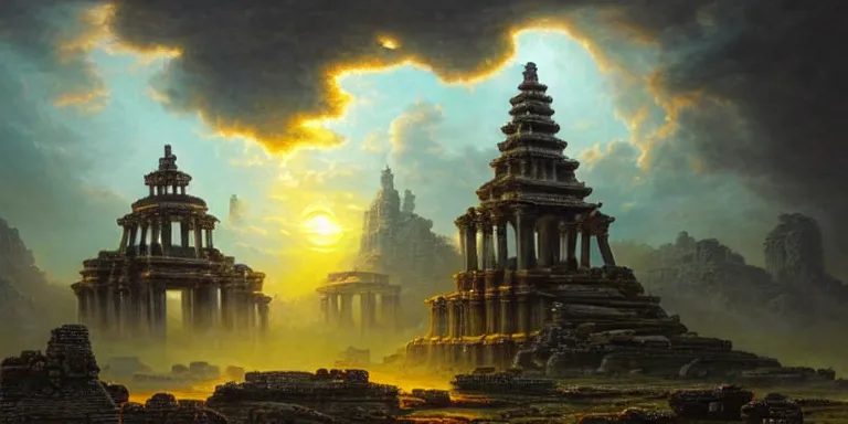 Image similar to beautiful hyperrealistic spectacular painting of the mysterious intricate ruins of the mysterious ancient temple, an advanced technology timemachine with a green - glowing - crystal from the future is inside the temple, by hubert robert and lee madwick and bastien lecouffe - deharme, dramatic sunset lighting, advanced technology