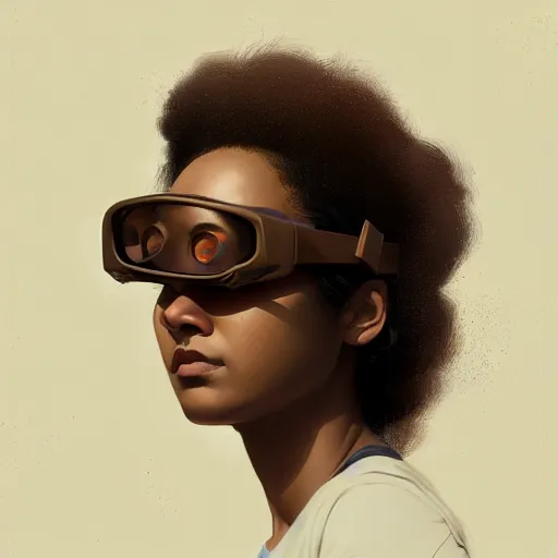 Prompt: Beautiful woman wearing goggles profile picture by Greg Rutkowski, brown skin, long afro hair, asymmetrical, studio ghibli, Organic Painting , Matte Painting, geometric shapes, hard edges, street art, trending on the artstation, fantasy LUT, realistic by Sachin Teng, reflective lenses,