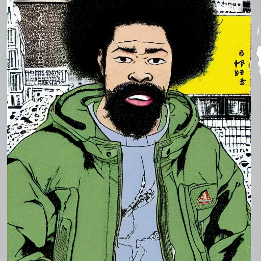 Prompt: illustration by katsuhiro otomo, black man with afro hair, raspy beard stubble, wearing an adidas army green jacket, in the streets of tokyo, akira style, by katsuhiro otomo