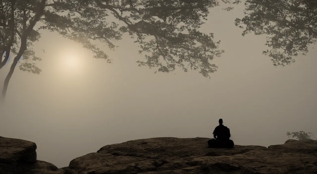 Prompt: a lonely silhouette of a meditating monk sitting in the fog on a stone protruding from the water in the rays of the morning sun, in the style of isaac levitan, 8 k resolution,