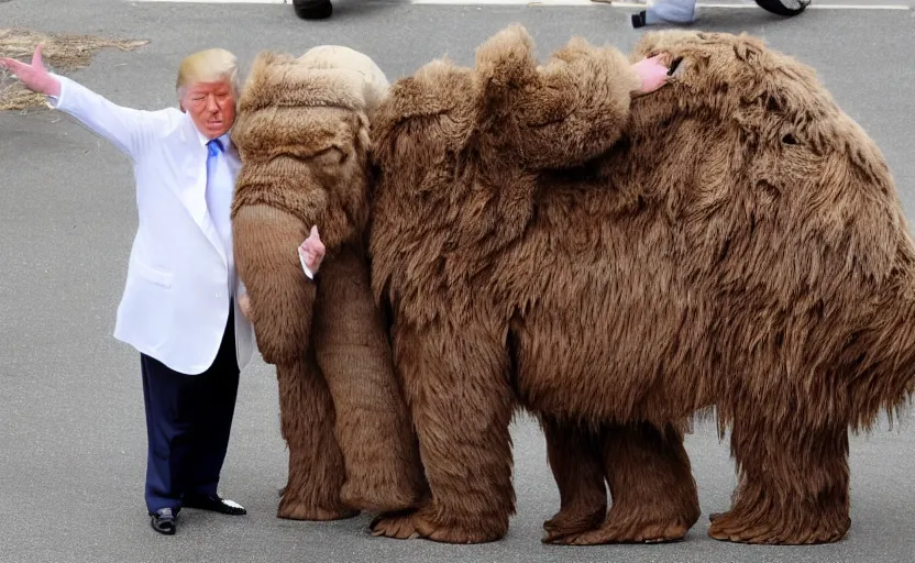 Image similar to Donald Trump in a baby mammoth costume , with an open face