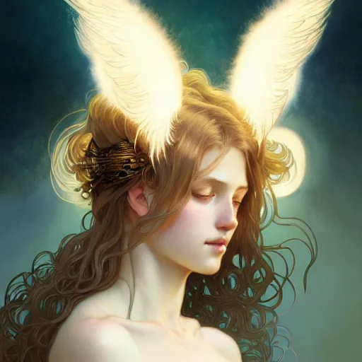 Image similar to Portrait of a girl angel with cream colored fuzzy frizzy hair, cat ears, glowing halo, wings, fantasy, intricate, elegant, highly detailed, digital painting, artstation, concept art, smooth, sharp focus, illustration, art by Krenz Cushart and Artem Demura and alphonse mucha