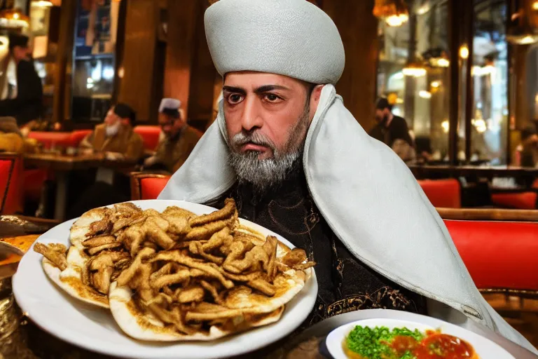 Prompt: Ottoman Sultan Mehmet IV eating shawarma in a restaurant in Downtown New York, wearing big ovular turban and a luxurious Ottoman coat, green eyes, super realistic facial features, detailed face, Ottoman Sultanate, cheerful, expressive, photorealistic, hyperrealism, micro details, HDR Shot