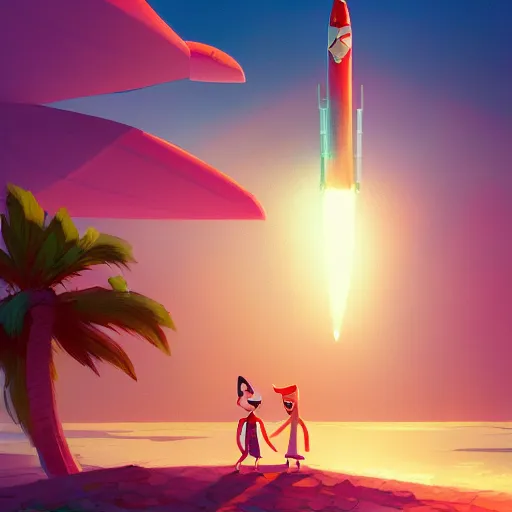 Image similar to phineas and ferb building a giant rocket ship, derek zabrocki, greg rutkowski, belsinski, beach, trending on artstation, mediterranean, palm trees, sharp focus, colorful refracted sparkles and lines, soft light