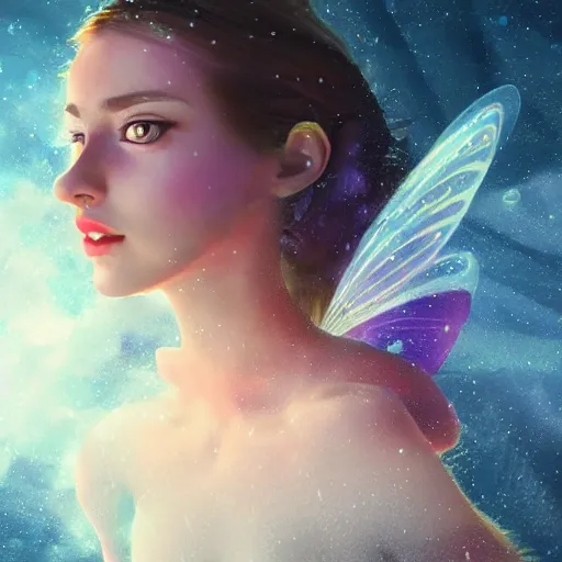 Image similar to magical fairy floating in space, epic cartoon portrait made out of rain, beautiful face, stunning concept art, highly detailed, galaxy background, rendered in octane, unreal engine, trending on artstation, realistic, diviantart