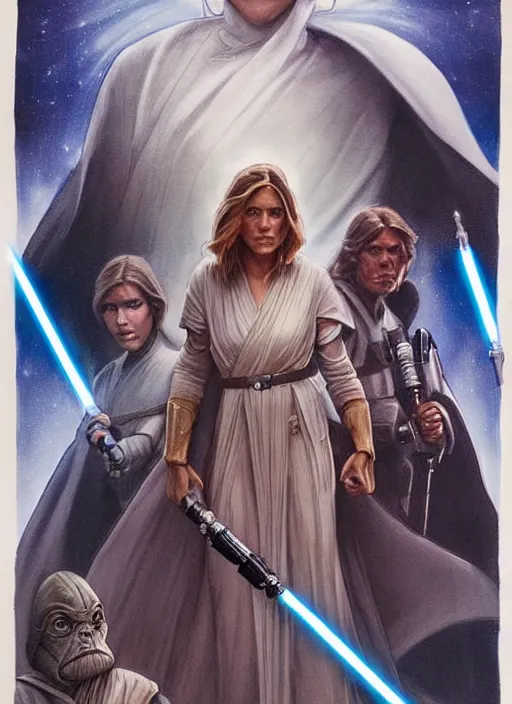 Image similar to movie poster by iain mccaig and magali villeneuve, a beautiful woman jedi master, symetrical face. highly detailed. star wars expanded universe, she is about 2 0 years old, wearing jedi robes. star destroyer