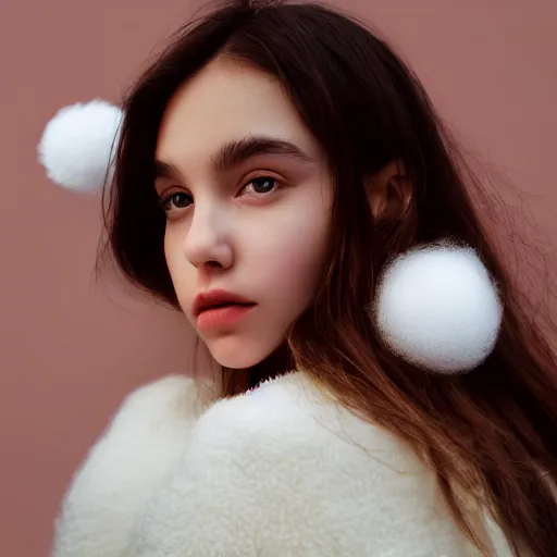 Image similar to photorealistic portrait of cute girl model, close up, staring directly at camera, fluffy soft pink and white cotton balls floating in air, natural lighting, blurry background, shot on iphone 1 3 pro,