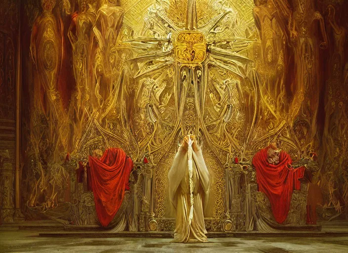 Prompt: worship of the pope, royal robe, gold trim, demons, mysticism, light effect, hyper detailed, intricate, atmospheric, elegant, photorealistic by zdzisław beksinski, iris van herpen, raymond swanland, craig mullins and alphonse mucha. hyper - real