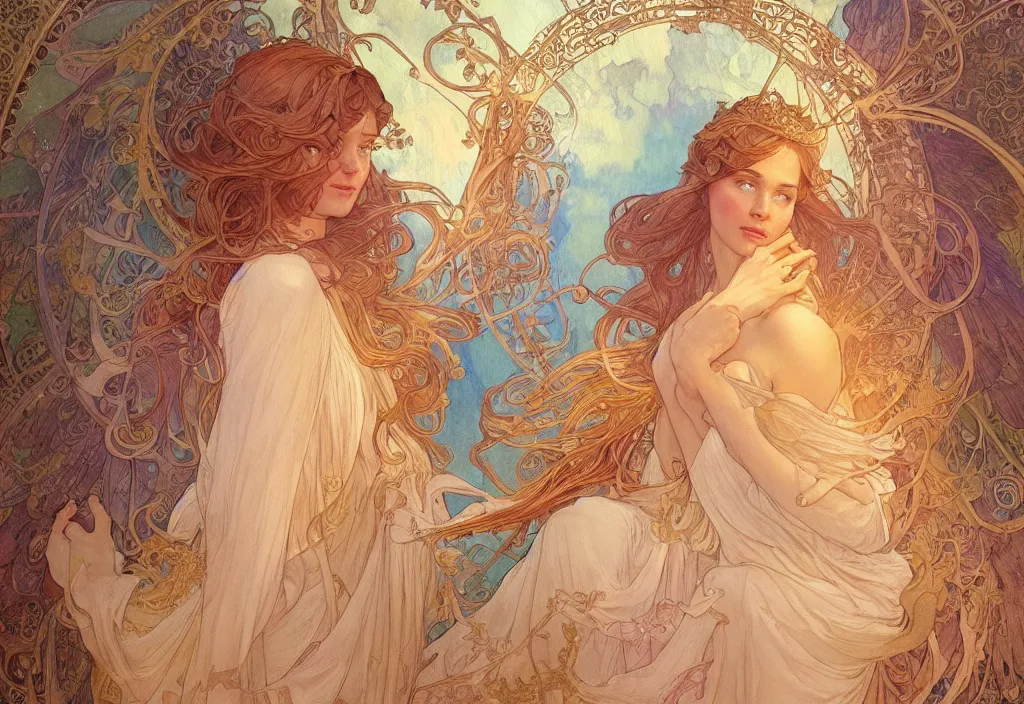 Image similar to an angel, highly detailed, very intricate, art nouveau, gold filigree, romantic storybook fantasy, soft cinematic lighting, award - winning, disney concept art watercolor illustration by mandy jurgens and alphonse mucha and alena aenami, pastel color palette, featured on artstation