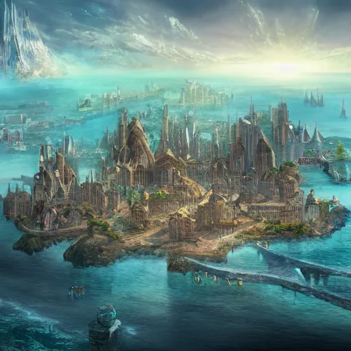 Prompt: Large Fantasy City in the middle of an island in the ocean, concept art, matte painting