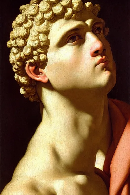 Image similar to renaissance painting of man, short blonde hair, thoughtful face, emotions closeup, dressed in roman armour, the beautiful garden with olive leaves, ultra detailed, art by Guido Reni style, Vincenzo Catena style