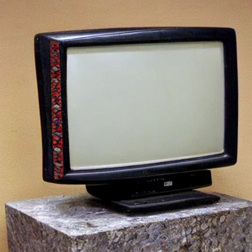 Image similar to a retro crt television carved from stone, ttelevision made by ancient taino and aztec