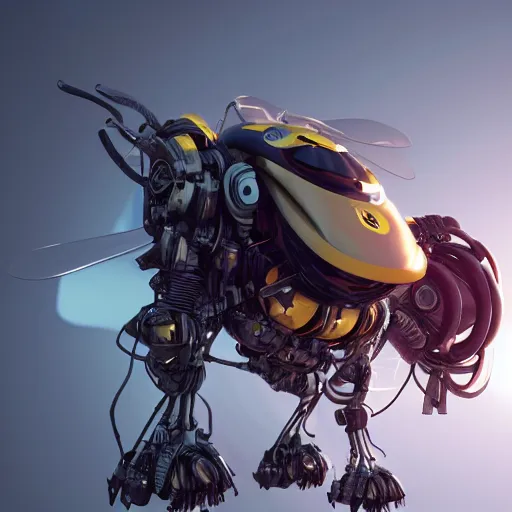 Image similar to mechanical bumble bee cyborg parts ultra detailed, concept art, octane render, volumetric lighting, in style of Beeple